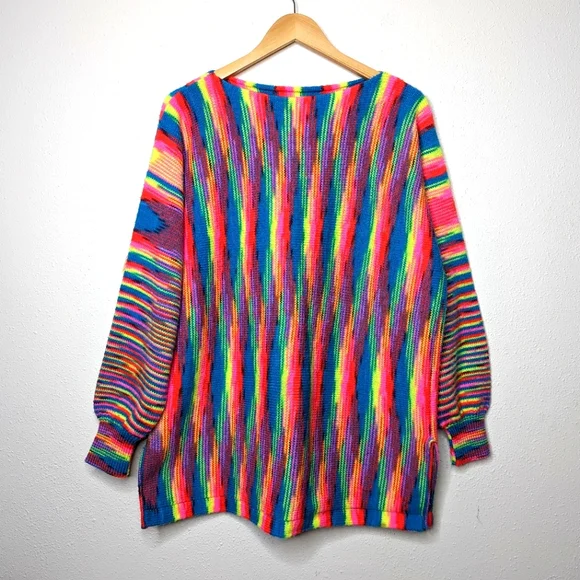 Vintage 80s Handmade Neon Multi Bright Stripe Knit Tunic Sweater - Picture 2 of 12